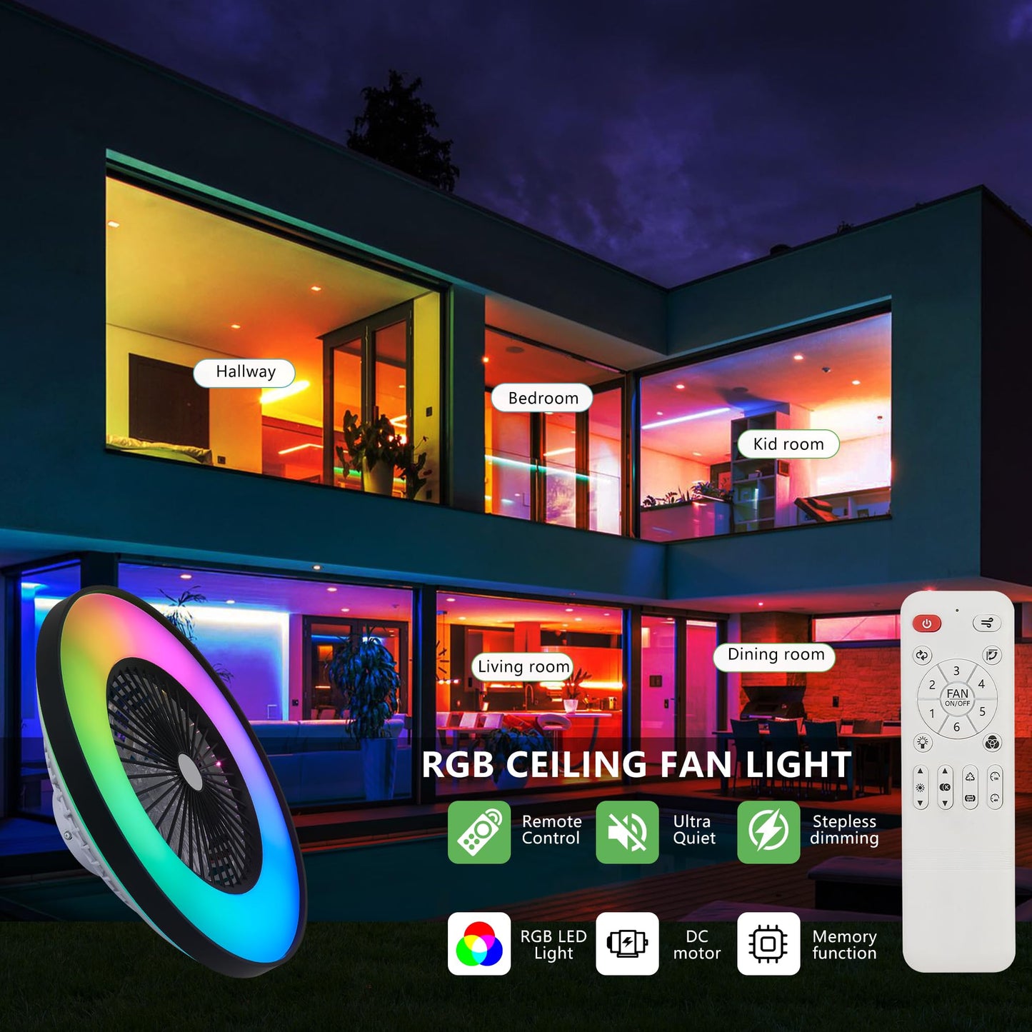 Ouimico 24" Bladeless Ceiling Fan with RGB Light, 8 Blades Modern Low Profile Ceiling Fan with Remote/APP, 6 Speed Dimmable LED-RGB Lights for Bedroom