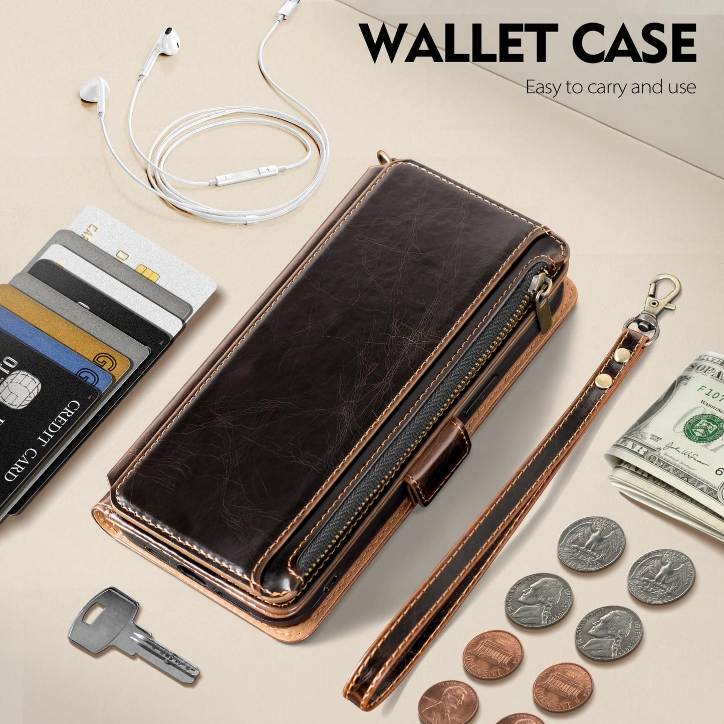 Antsturdy Compatible with iPhone 16 Pro Max Wallet Case,RFID Blocking PU Leather Phone Case Women Men Kickstand flip Cover Wrist Strap Zipper Credit