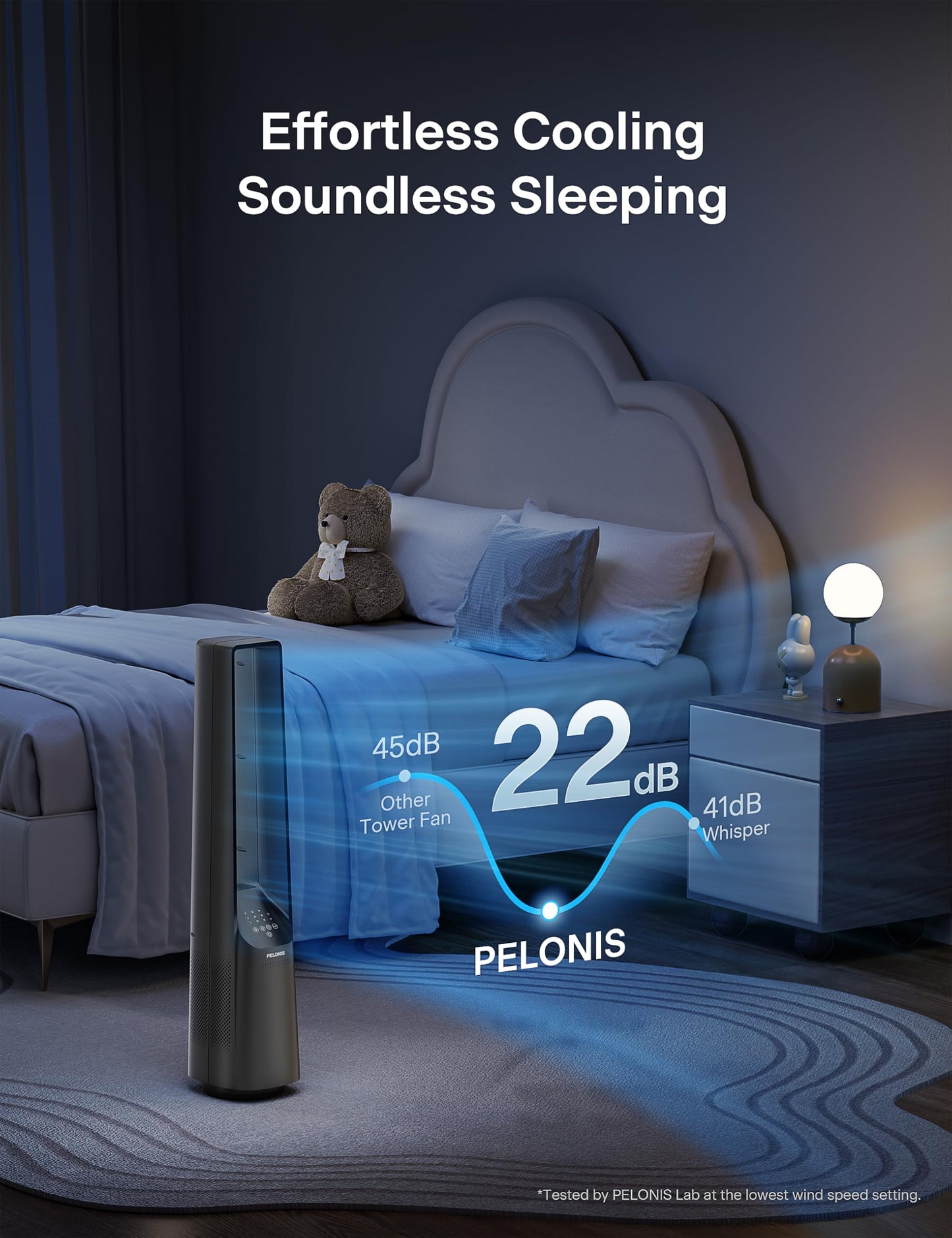 PELONIS 40" Bladeless Tower Fan with Powerful Airflow, Ultra-Quiet DC Motor (22 dB), 6 Speeds, 4 Modes, Remote Control, 7-Hour Timer, 90° Oscillation