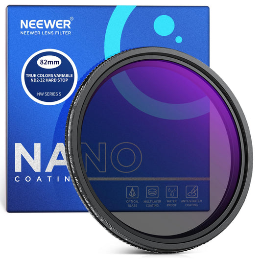 NEEWER 82mm True Colors Hard Stop Variable ND Filter ND2-32 (1-5 Stops) Limited Neutral Density Camera Lens Filter, Multi Coated HD Optical Glass/No X