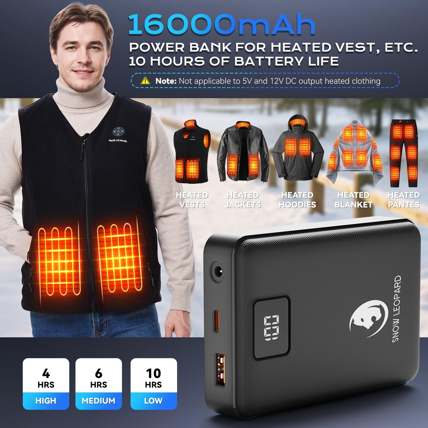 SNOW LEOPARD Heated Vest Battery Pack 7.4v 16000mah Power Bank for Heated Jacket with LED Display Battery Pack for Heating Vest with Dc/USB/Type-C