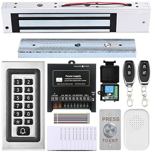 Access Control System Kit with Remote - 600lbs Holding Force Fail-Safe Electromagnetic Lock, Metal Keypad, 12V Power Supply, Exit Button & Doorbell