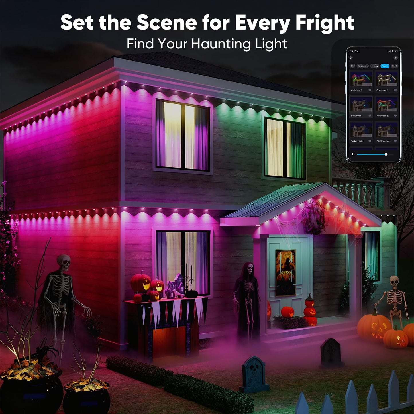 Smart Permanent Outdoor Lights for House, 150ft with 72 Smart AI RGB+IC Smart Christmas Lights, 98 Scene for Halloween Christmas All Holiday Decor