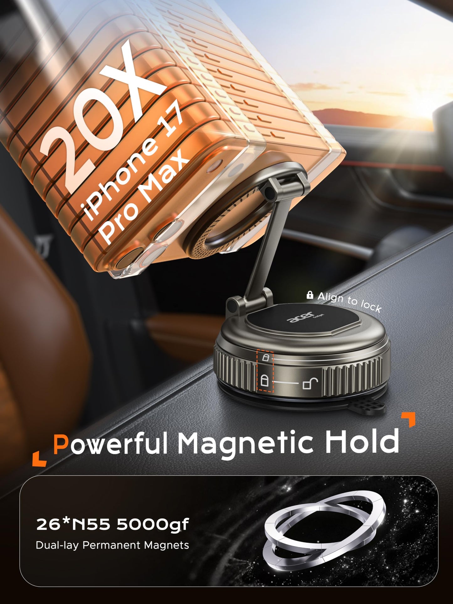 Acer Gadget Car Phone Mount, Magnetic Phone Holders for Your Car [Strongest 108+LBS Suction & 5000gf Magnetic, Carbon Fiber] 360° Adjustable Holder