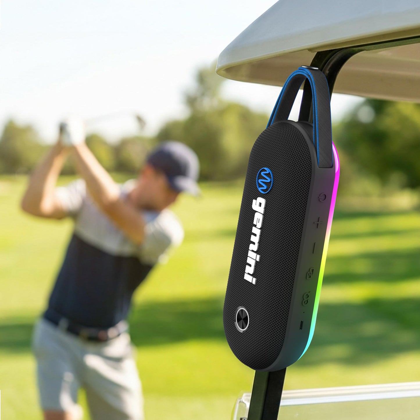 Gemini Magnetic Bluetooth Speaker for Golf Cart - Strong Magnet, Wireless Stereo, 8-Mode LED/RGB Lights, USB-C Fast Charge, IPX6 Waterproof (BeatGrip