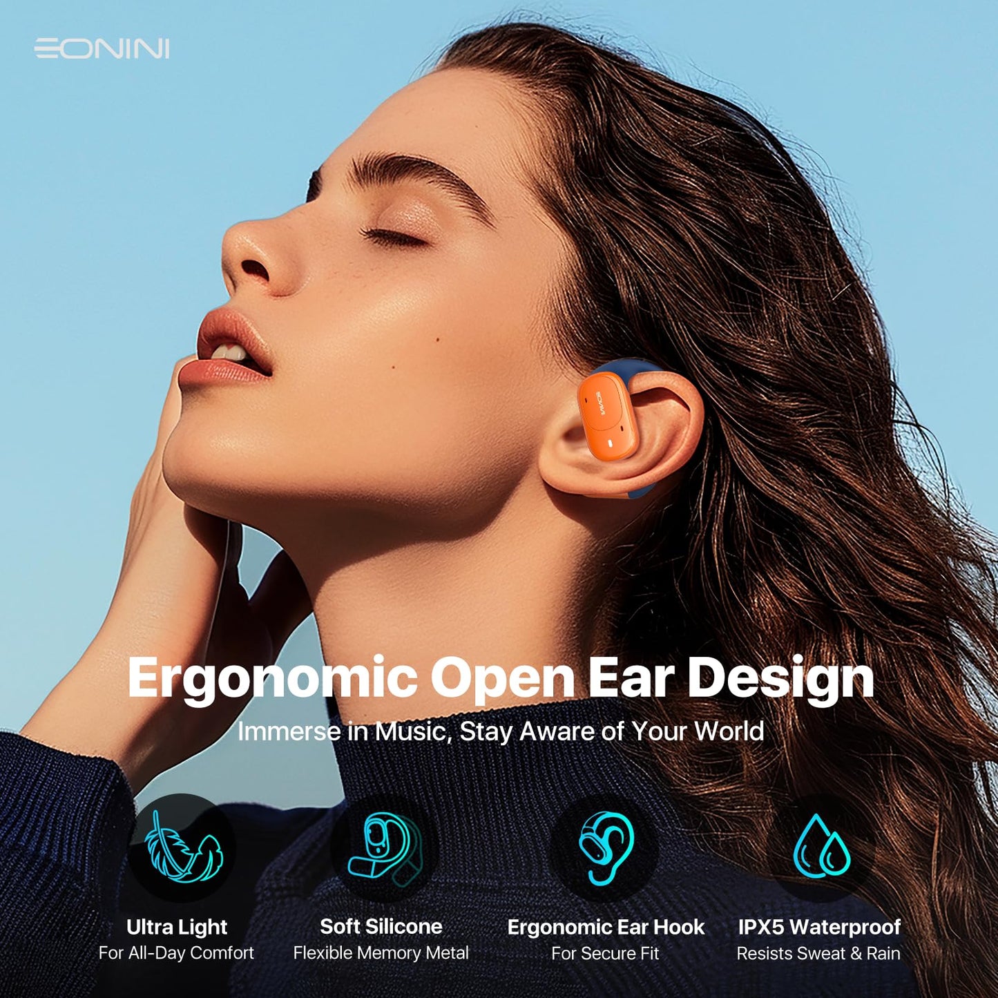Eonini Open-Ear Headphones, True Wireless Bluetooth Earbuds with Microphone, Adjustable Earhooks, Comfortable Fit, 40H Playtime, Powerful Sound, IPX5…