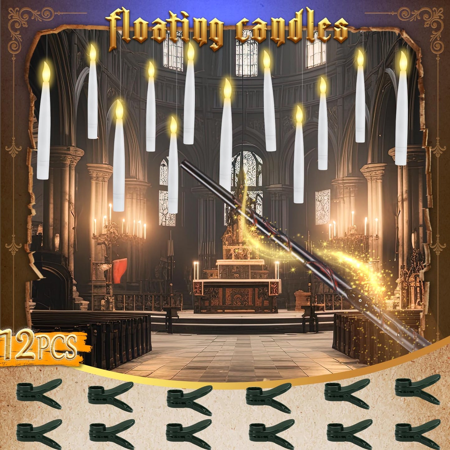 Halloween Decorations - Floating Candles with Wand & 6-Hour Timer - Flameless LED Hanging Candles with Clip, Battery Operated Window Taper Candle