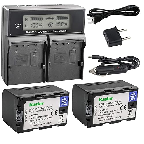 Kastar LCD Dual Smart Fast Charger & Battery (2 Pack) for JVC SSL-JVC50 and JVC GY-HMQ10, GY-LS300, GY-HM200, GY-HM600, GY-HM600E, GY-HM600EC