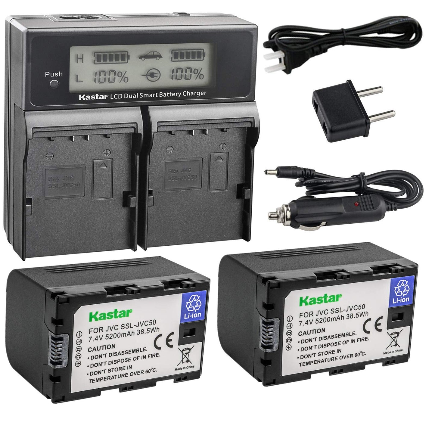 Kastar LCD Dual Smart Fast Charger & Battery (2 Pack) for JVC SSL-JVC50 and JVC GY-HMQ10, GY-LS300, GY-HM200, GY-HM600, GY-HM600E, GY-HM600EC