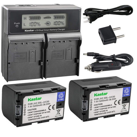 Kastar LCD Dual Smart Fast Charger & Battery (2 Pack) for JVC SSL-JVC50 and JVC GY-HMQ10, GY-LS300, GY-HM200, GY-HM600, GY-HM600E, GY-HM600EC