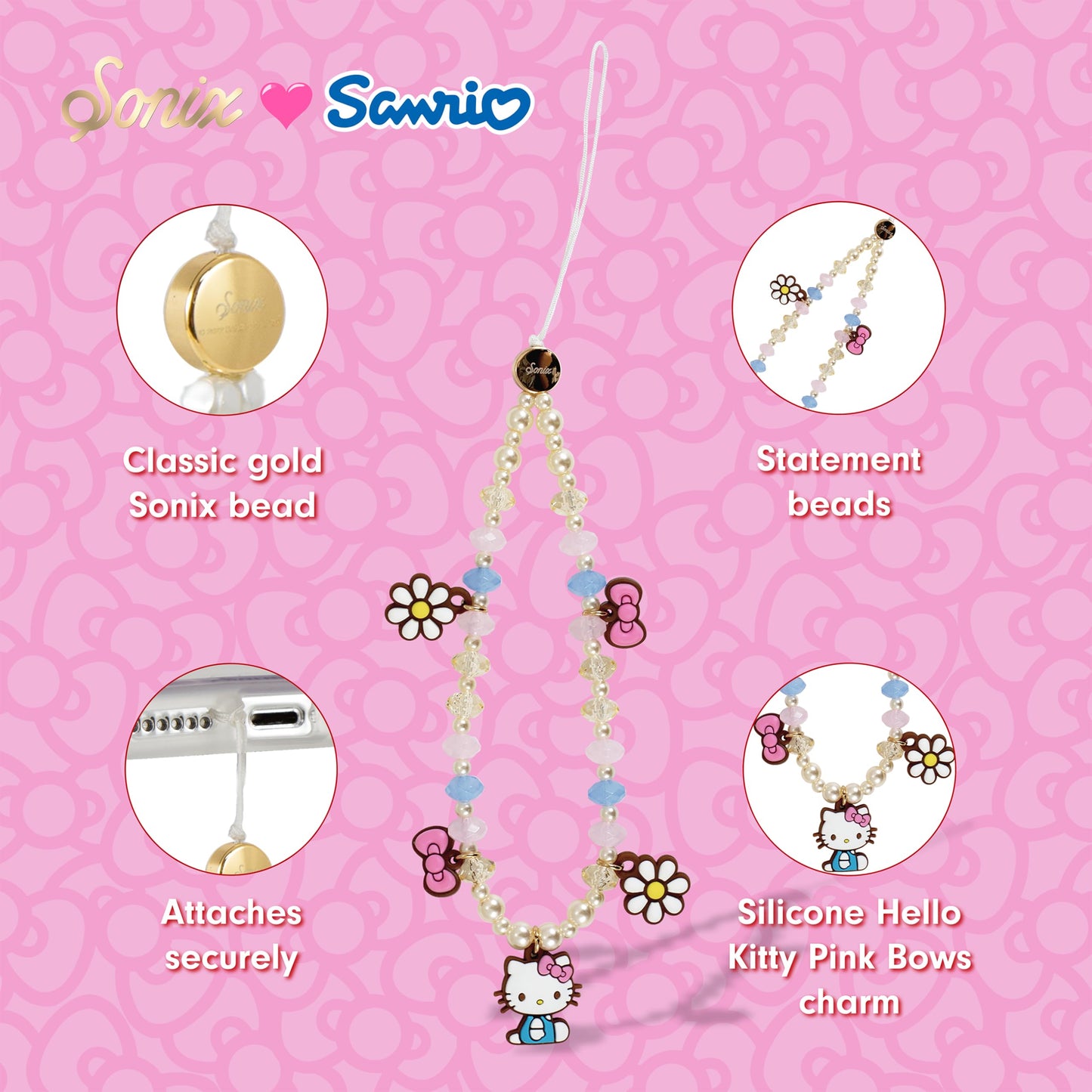 Sonix x Sanrio Beaded Phone Charm | Beaded Wristlet, Universal Phone Strap, and Detachable Cell Phone Lanyard with Silicone Charms | Hello Kitty Pink