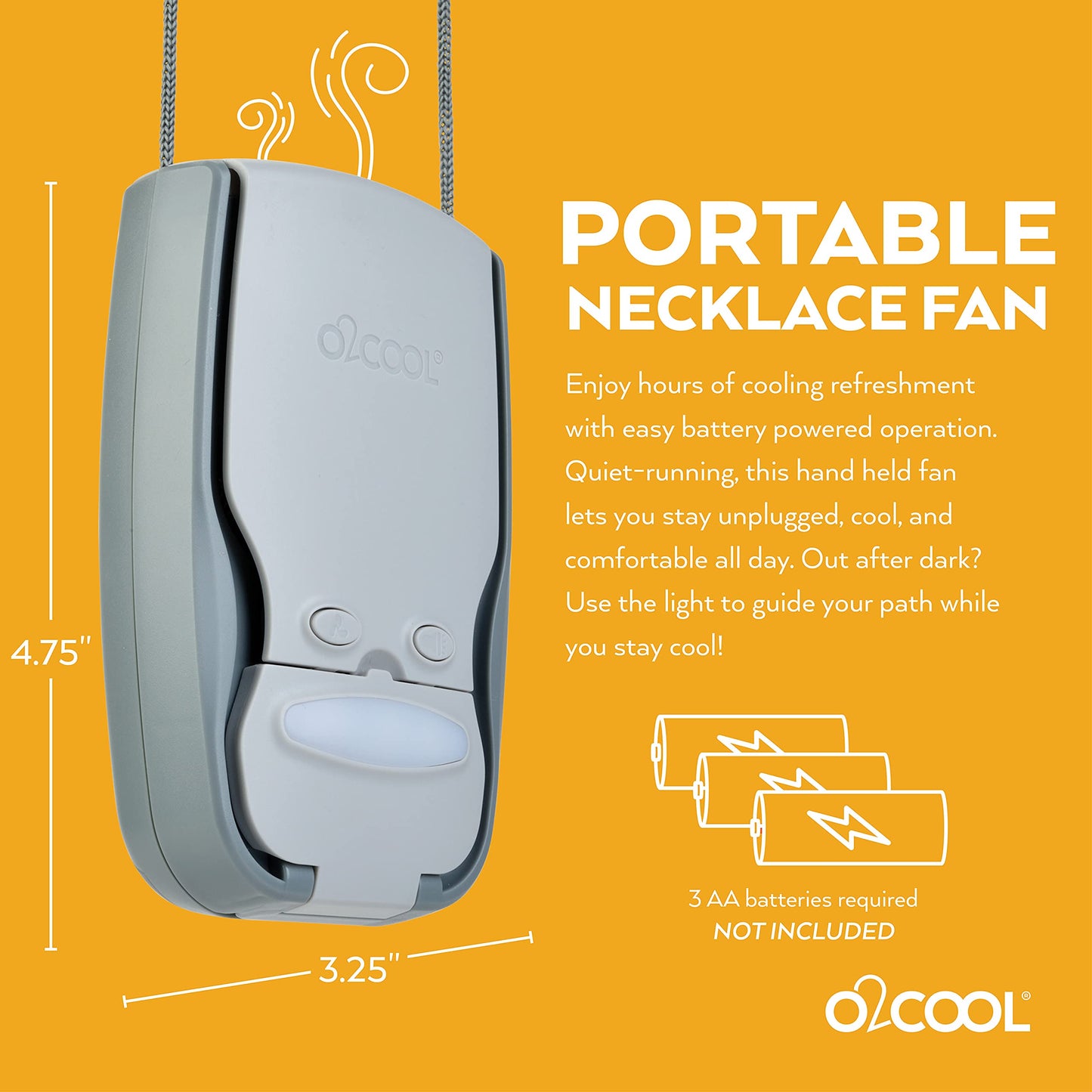 O2COOL Battery Powered Necklace Fan With LED Light, Lanyard, For Personal Cooling And Safety