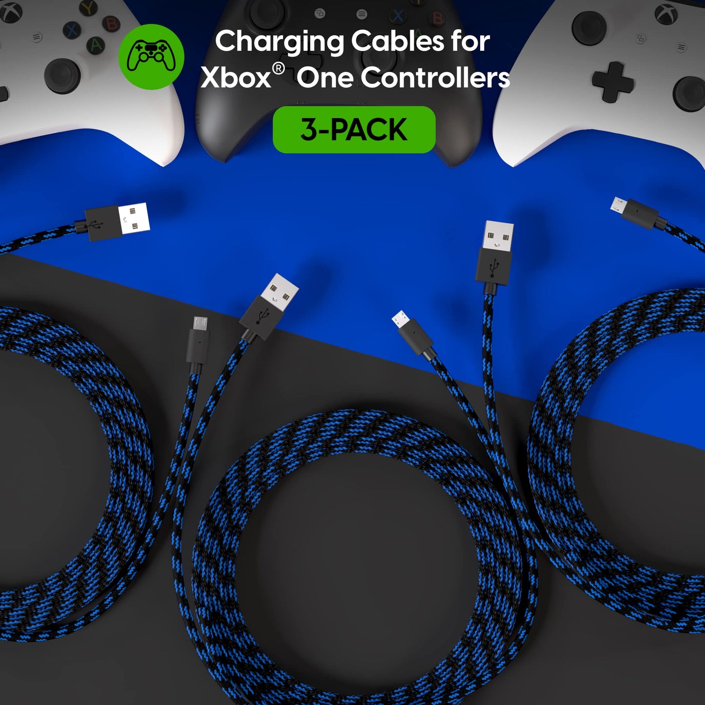 TalkWorks Charging Cable Compatible with Xbox One Controller - 6-Foot Long Fast Charger Cord Micro USB for X-Box 1 - Heavy-Duty, Braided Black-Blue (3
