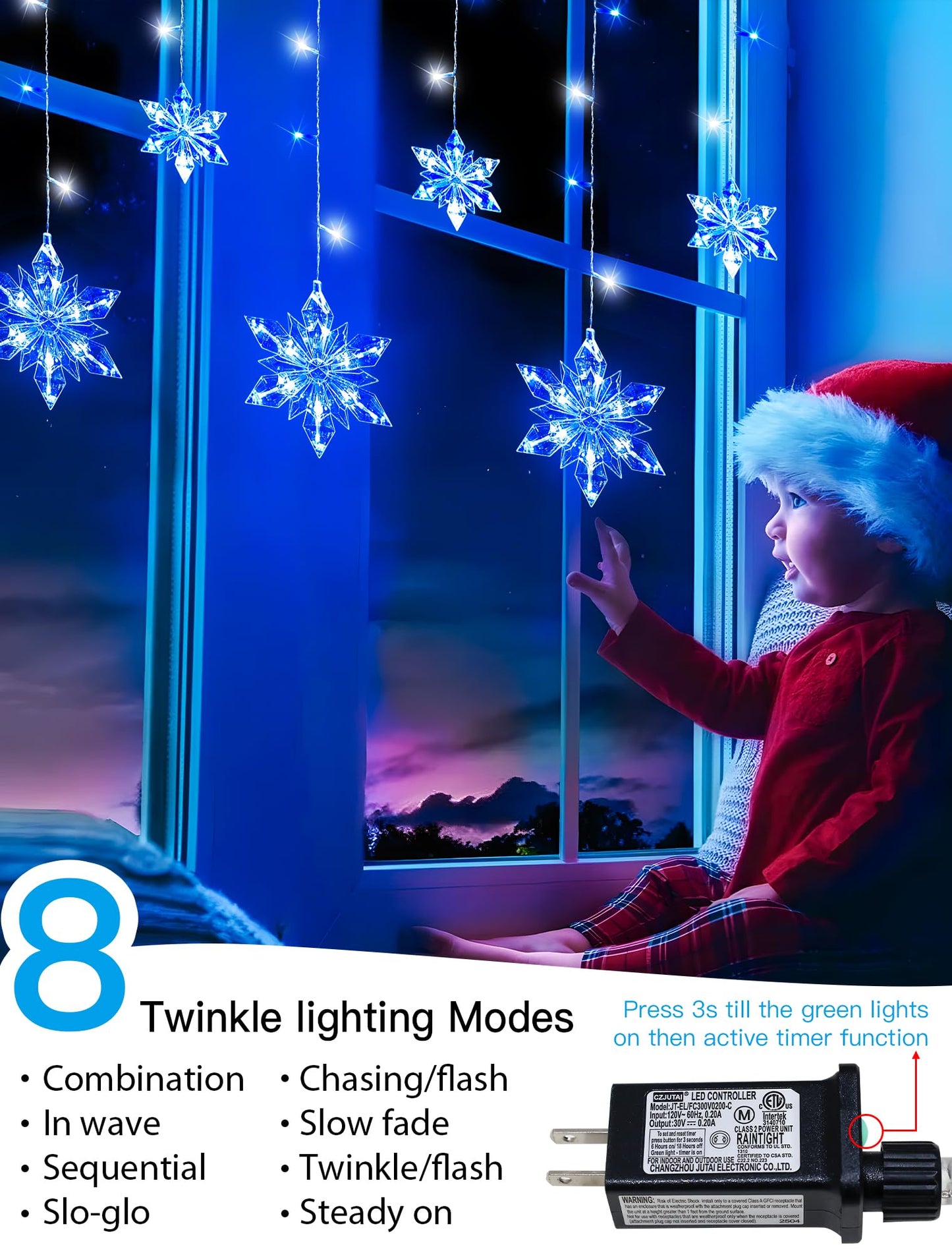Qunlight Christmas Snowflake Lights,8.2ft 144LED Curtain Icicle Lights with 12 Drops,Connectable 8 Modes Timer Xmas Icicle Light Plug in