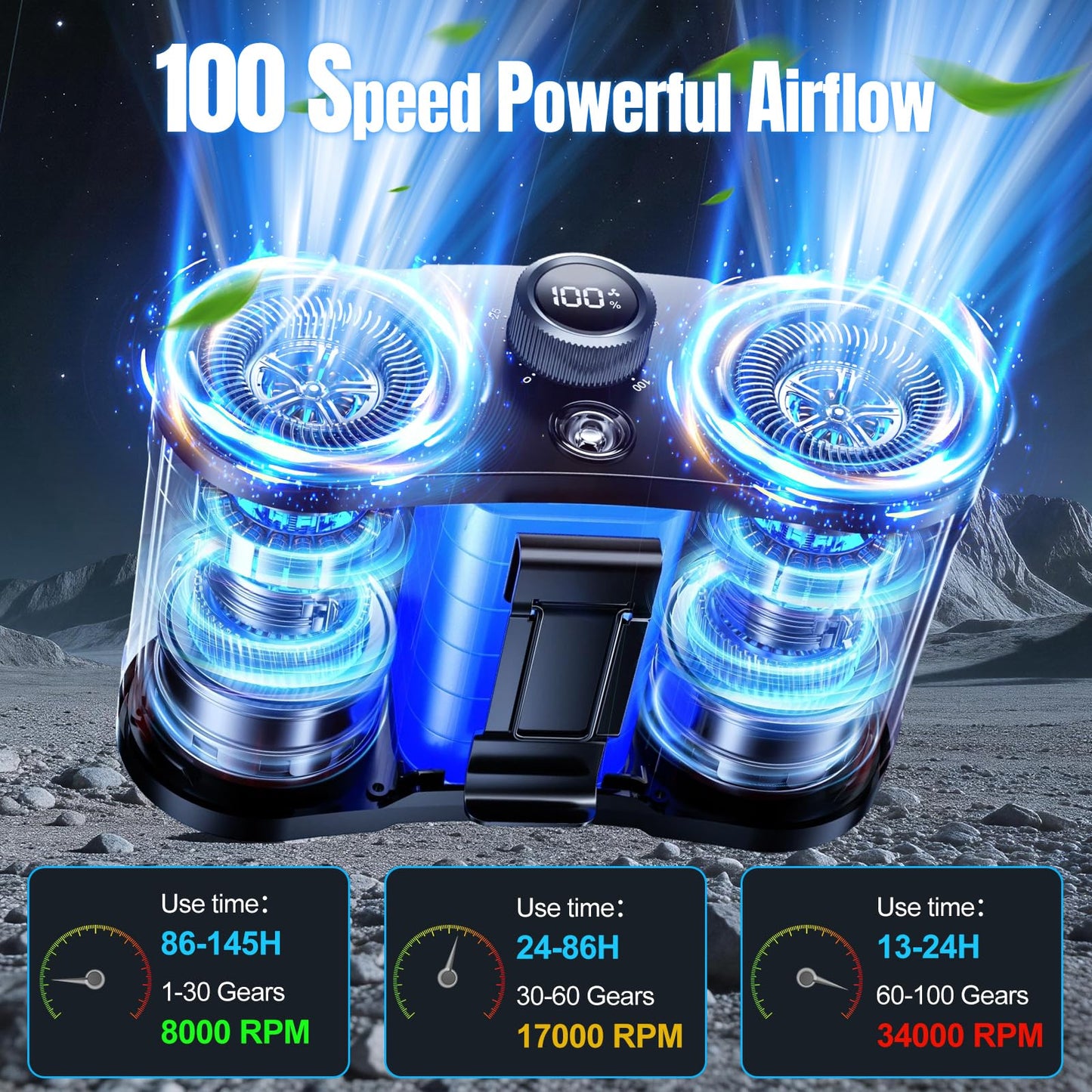 2026 25000MAh AI Portable Waist Fan, 100 Speeds 34000RPM Strong Airflow, Belt Fan with up to 145H of Working Time, Flashlight,Rechargeable Wearable