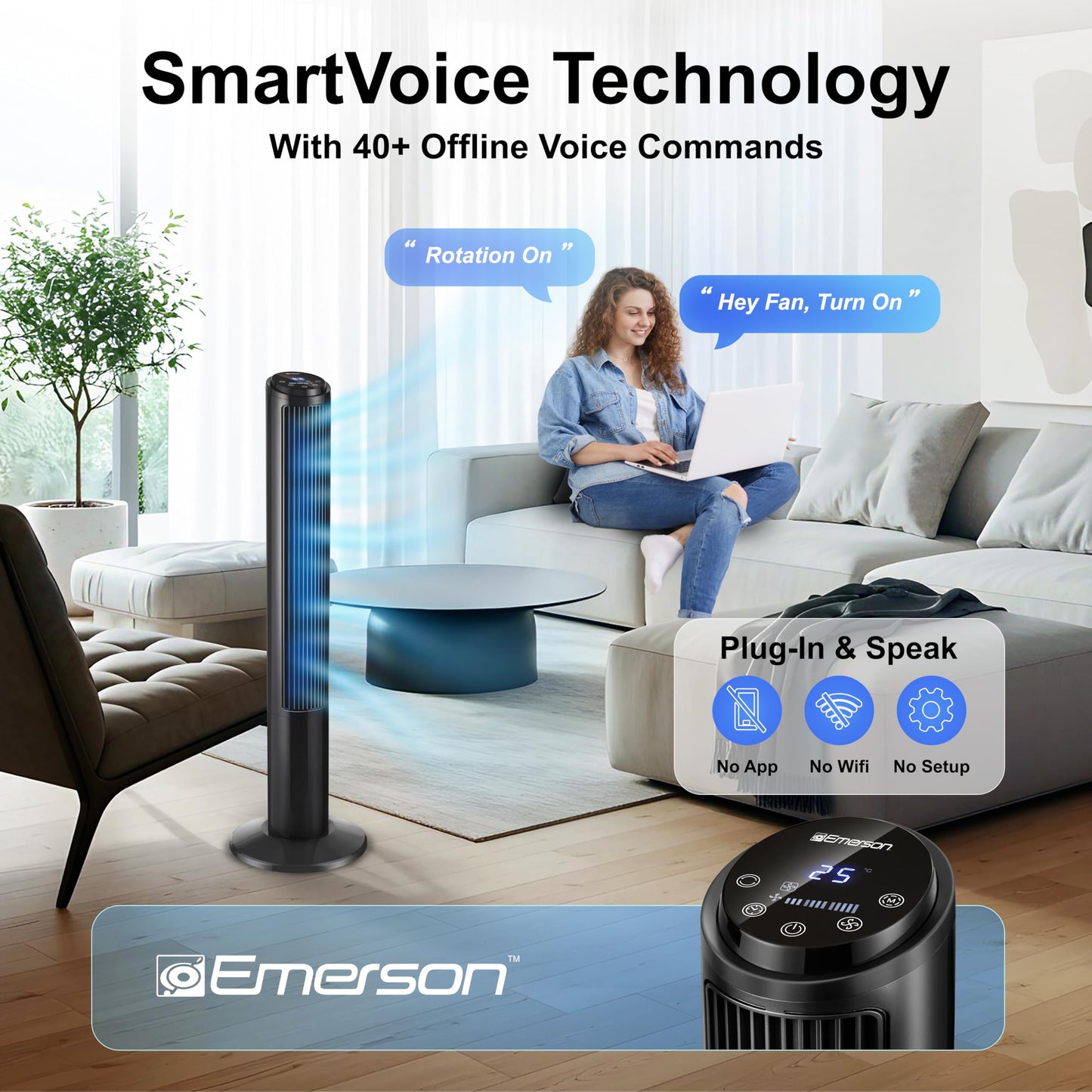 Emerson SmartVoice 40” Tower Fan, Wi-Fi-free Voice Control Fan, Hands-Free Cooling, No WiFi, No App, 70° Oscillation, 3 Speeds, 15-Hr Timer, Sleep