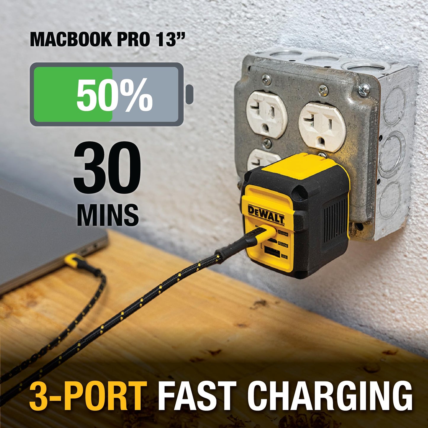 DEWALT Heavy Duty 3 Port Dual USB C Charger Block, USB C Power Adapter GaN Charger (65W), PPS 3-Port Fast Compact Foldable for MacBook Pro/Air iPad