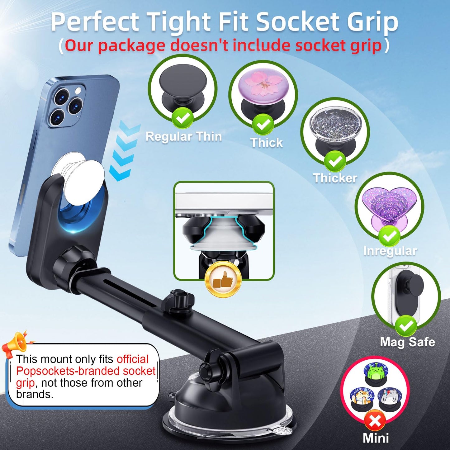pop-tech Car Phone Mount for Pop Socket: Suction Cup Cell Phone Holders for Automobile Dashboard Windshield Window - Dash Mounted Cellphone Stand