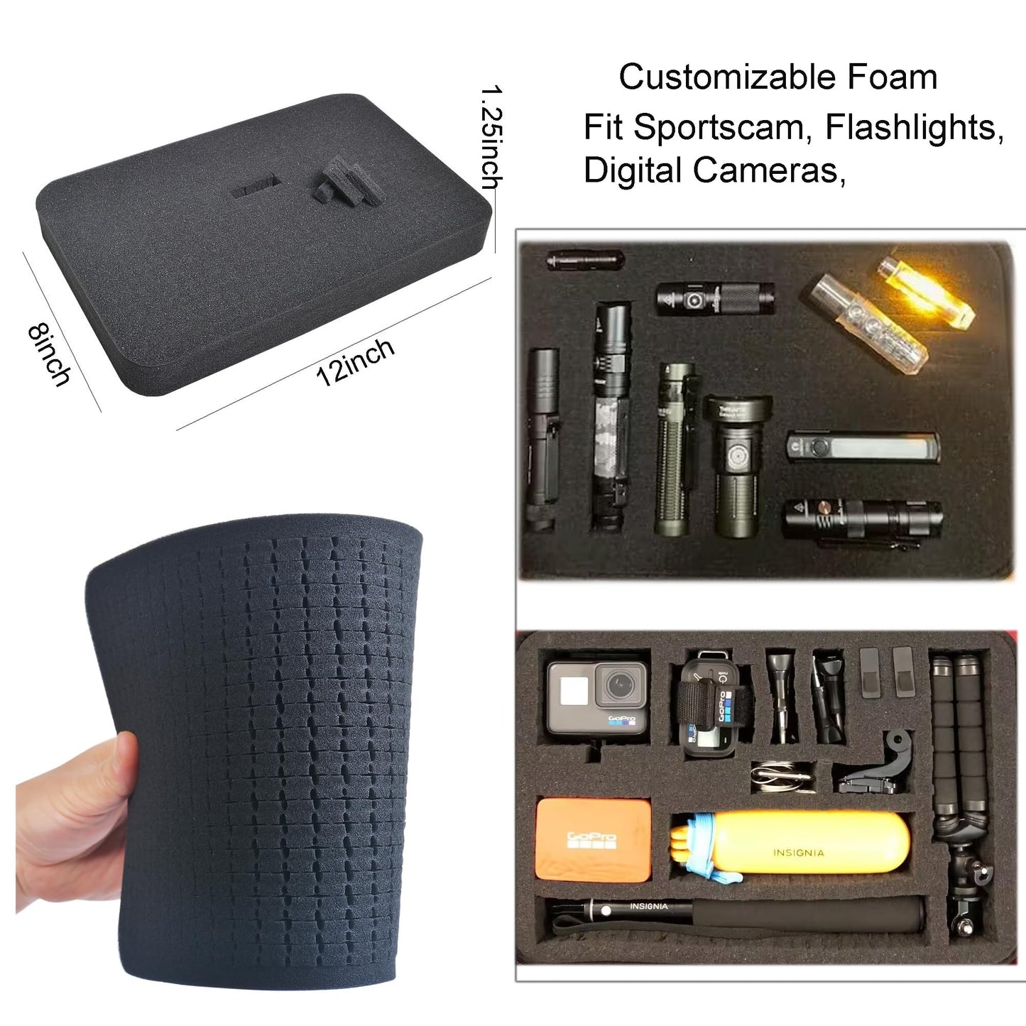 Large Carrying Case with Customizable Foam Protective Storage Case for Sports Camera SJCAM Monopole Accessories Yi 4K LCD SD Cards Batteries Feiyu