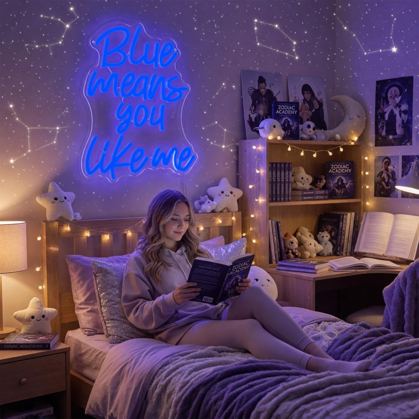 Blue Means You Like Me Neon Sign LED Light for Teen Room Decor, Aesthetic Blue Wall Art for Bedroom, Romantic Quote Glow Lamp for Soft Girl Room(12.5