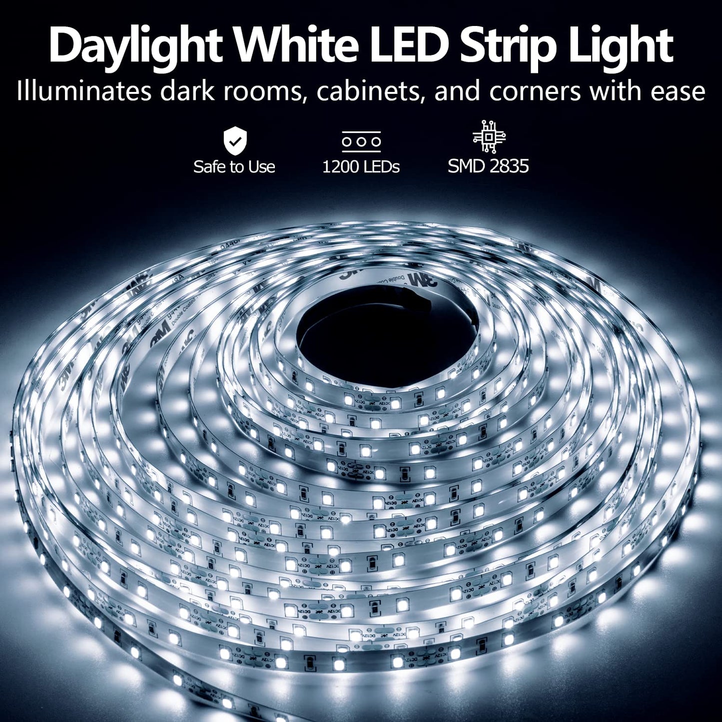 ollrieu LED Strip Lights White 65.6ft Dimmable 6000K Bright White Strip Lighting, 12V 20M 1200 LEDs 2835 Flexible led Light for Kitchen, Under