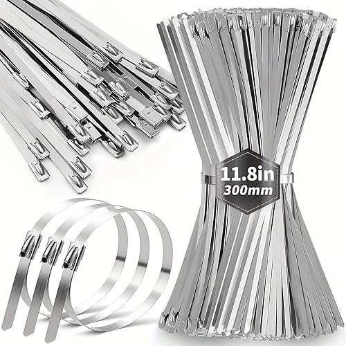 Metal Zip Ties 11.8 Inch 100pcs, 304 Stainless Steel Zip Ties for Outdoor Use, Heavy Duty Multi-Purpose Self-locking Cable Ties for Exhaust Wrap