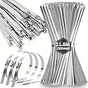 Metal Zip Ties 11.8 Inch 100pcs, 304 Stainless Steel Zip Ties for Outdoor Use, Heavy Duty Multi-Purpose Self-locking Cable Ties for Exhaust Wrap