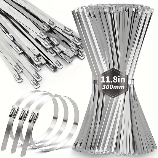 Metal Zip Ties 11.8 Inch 100pcs, 304 Stainless Steel Zip Ties for Outdoor Use, Heavy Duty Multi-Purpose Self-locking Cable Ties for Exhaust Wrap