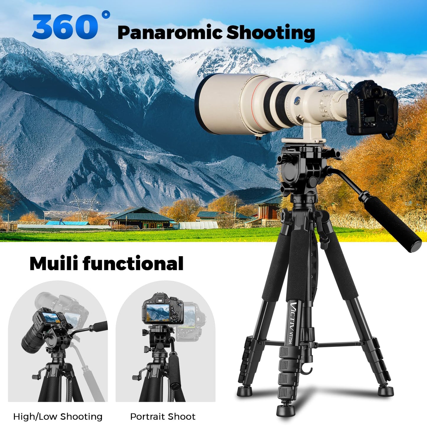 Camera Tripod, 75” Heavy Duty Tripod for Camera with Phone Holder and Travel Bag, Compatible with Video Camera, DSLR, Spotting Scopes, Camcorder