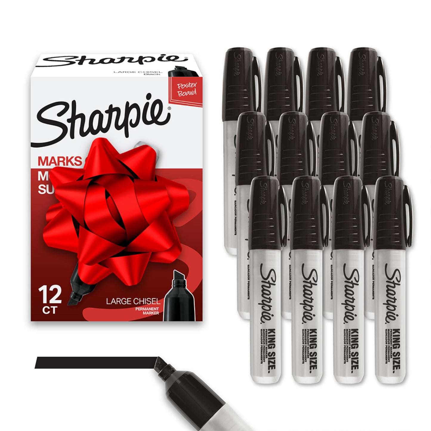 Sharpie King Size Permanent Markers, Chisel Tip, Black, 12 Count - Thick Poster Markers, Heavy Duty For Work & Industrial Use, High Capacity Ink