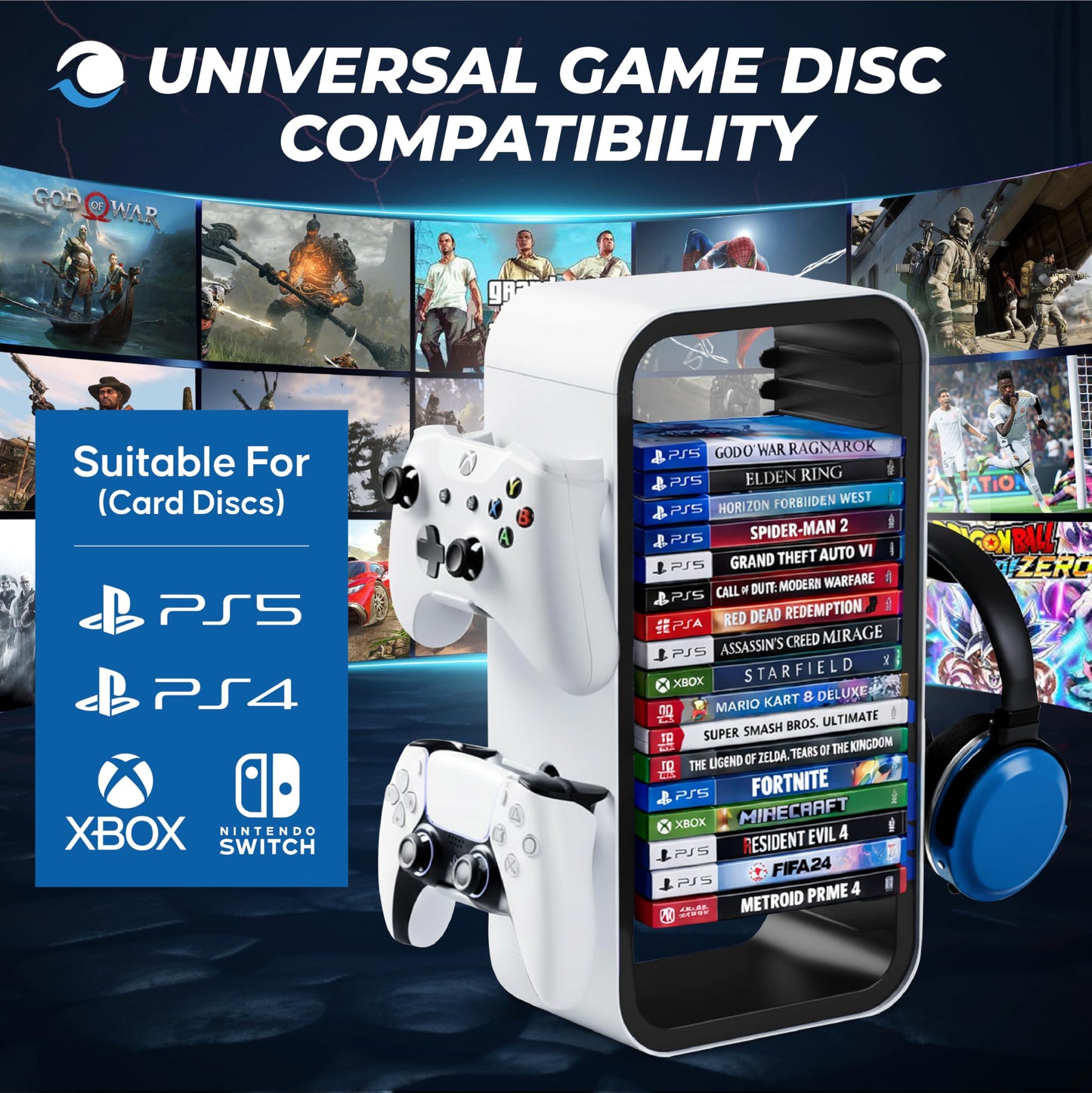 Tideal Universal Games Storage Tower Pro - for Up to 18 Games - with Controller Holder for up to 4 Gamepads - Gaming Accessories for PS5, PS4, PS3
