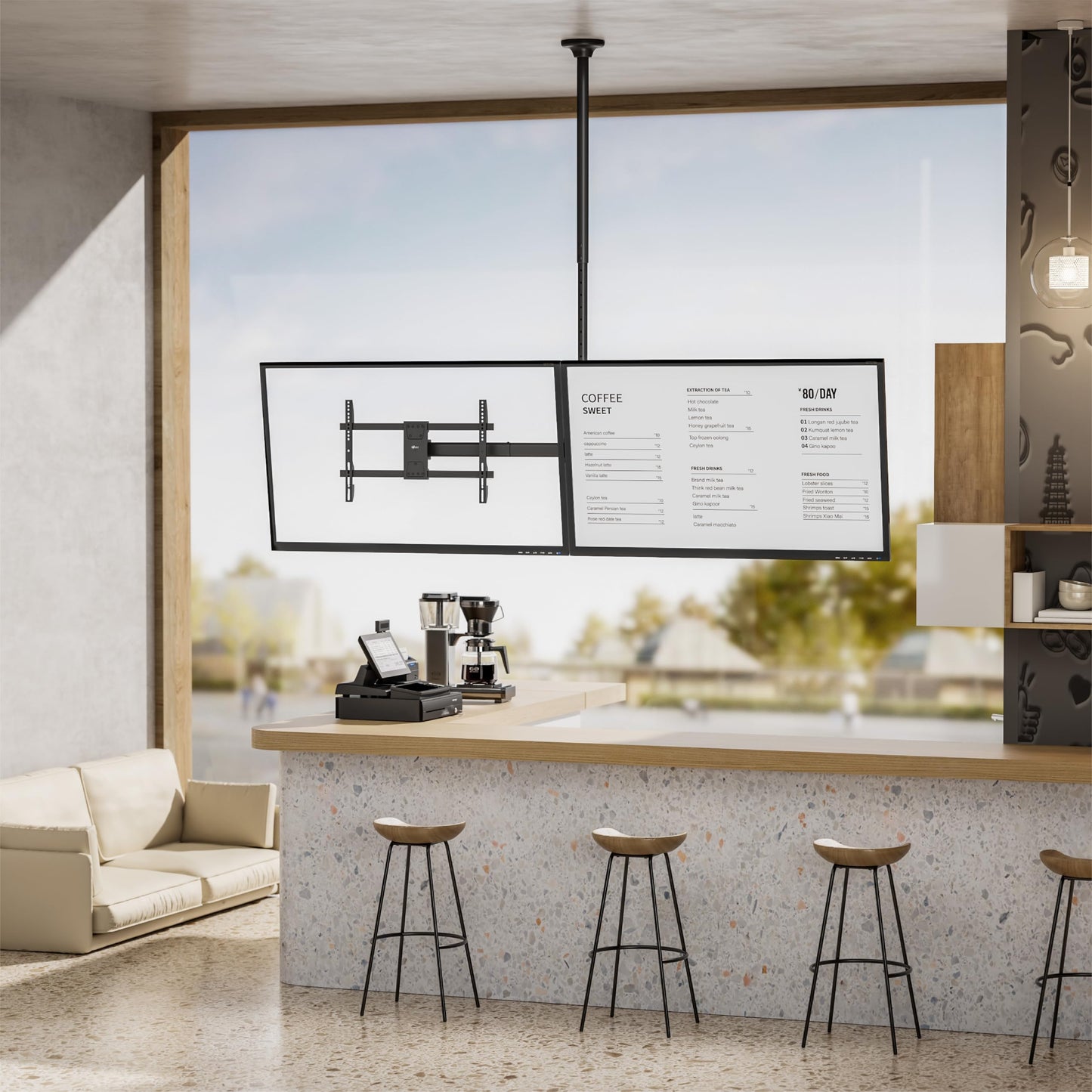 WALI Ceiling TV Mount Dual Screen Side by Side Fits Most Display 34 to 60 Inch TV, Up to 176lbs, 88 lbs for Each Screen, Height Extension up to 65.6