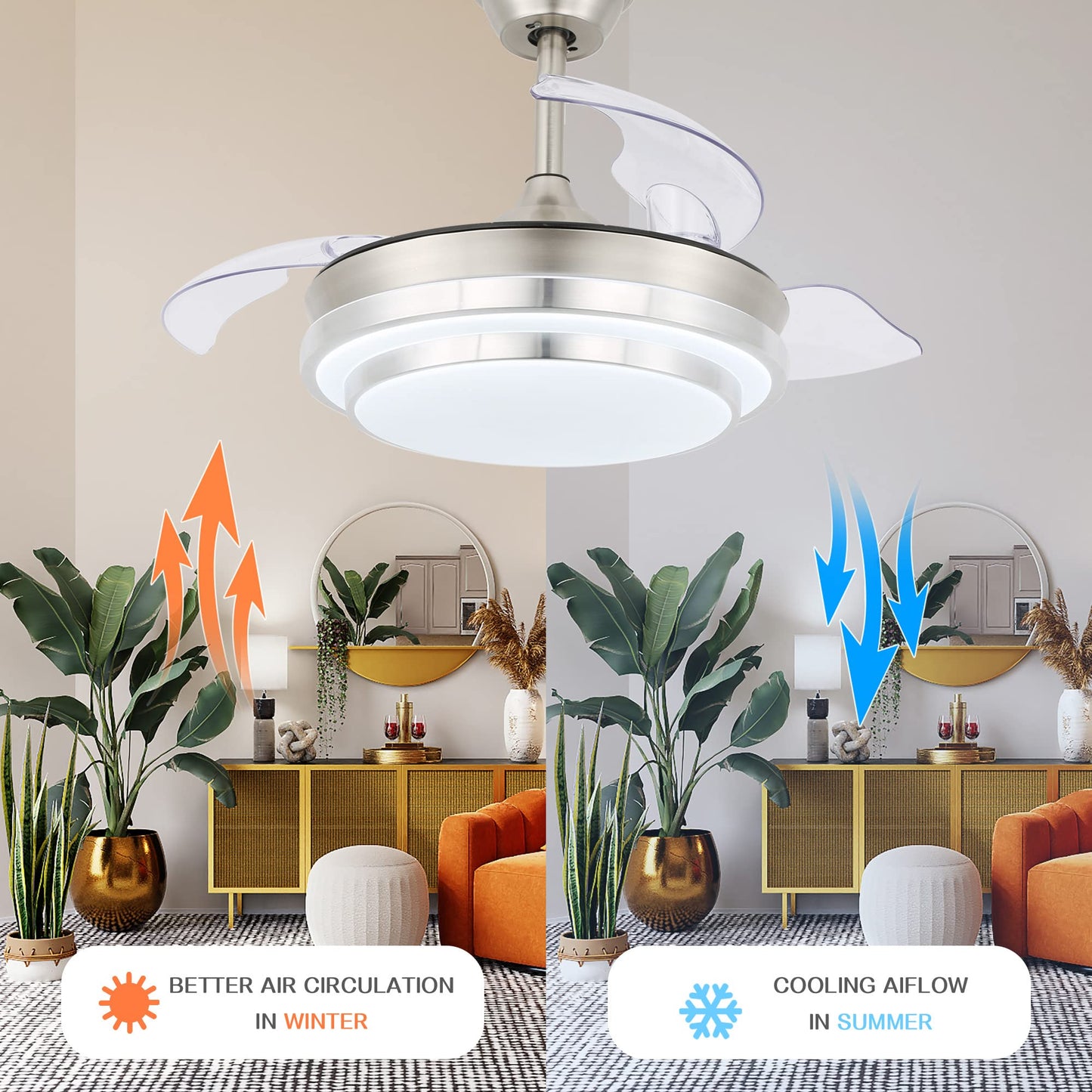 CNCMtiger 36" Retractable Ceiling Fan with Lights Remote Control, Retractable Blade Ceiling Fan 6-Speed 3 Color Changeable, Brush Nickel, for Living