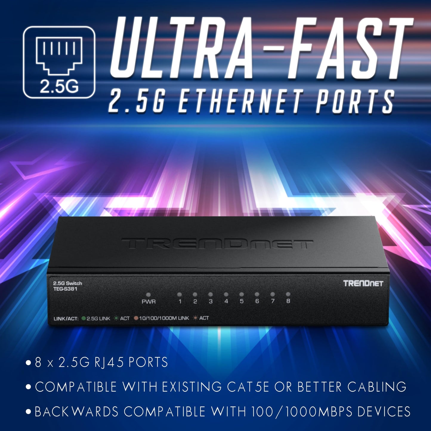 TRENDnet 8-Port 2.5Gb Switch, TEG-S381, 8 x 2.5G RJ45 Ports, 40Gbps Switching Capacity, NDAA + TAA Compliant, Ethernet Splitter, for Game Console