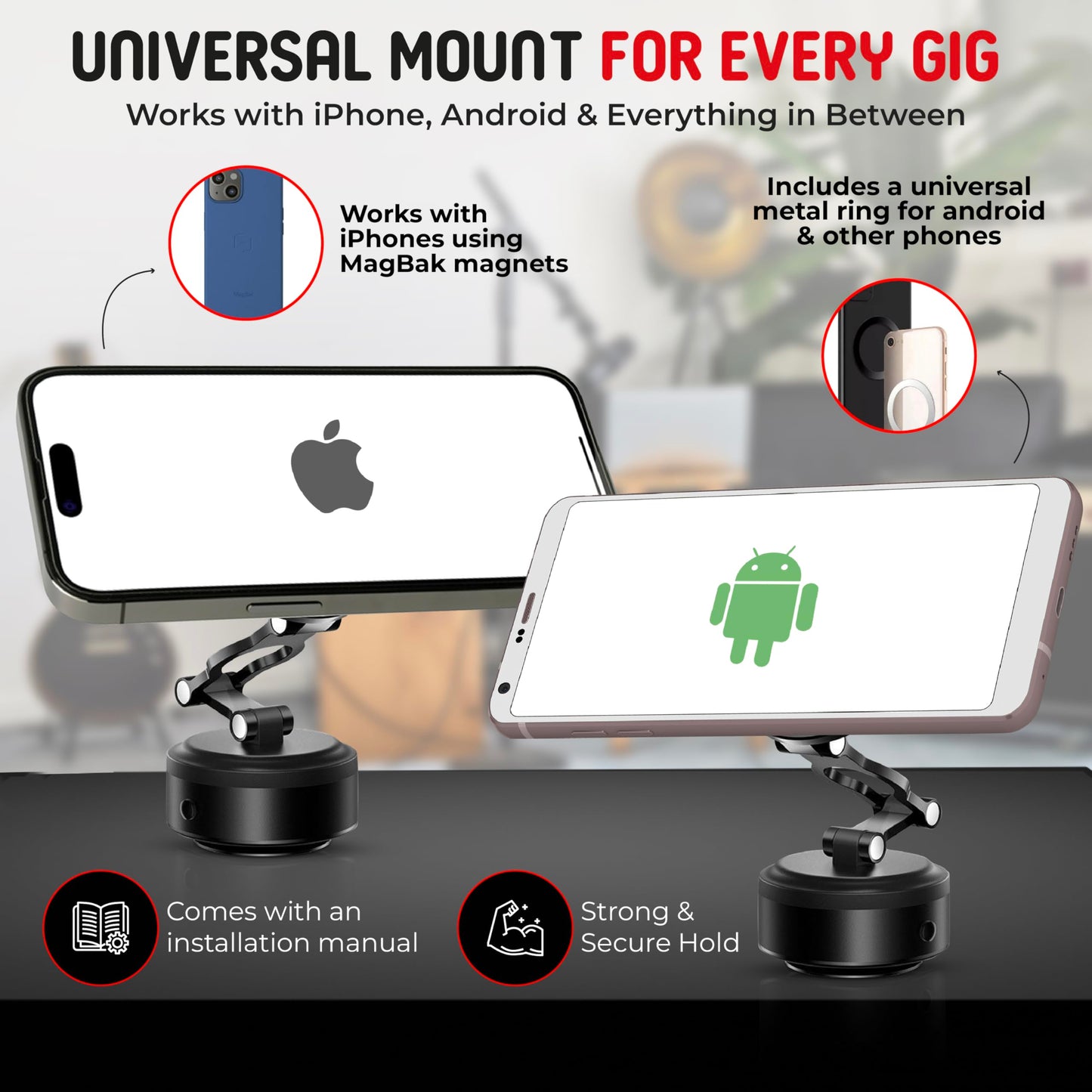 MotivatEM Strum Screen Guitar Phone Mount - Hands-Free Phone Holder with Vacuum Suction for Guitar - Perfect for Watching Tutorials & Tabs - Universal