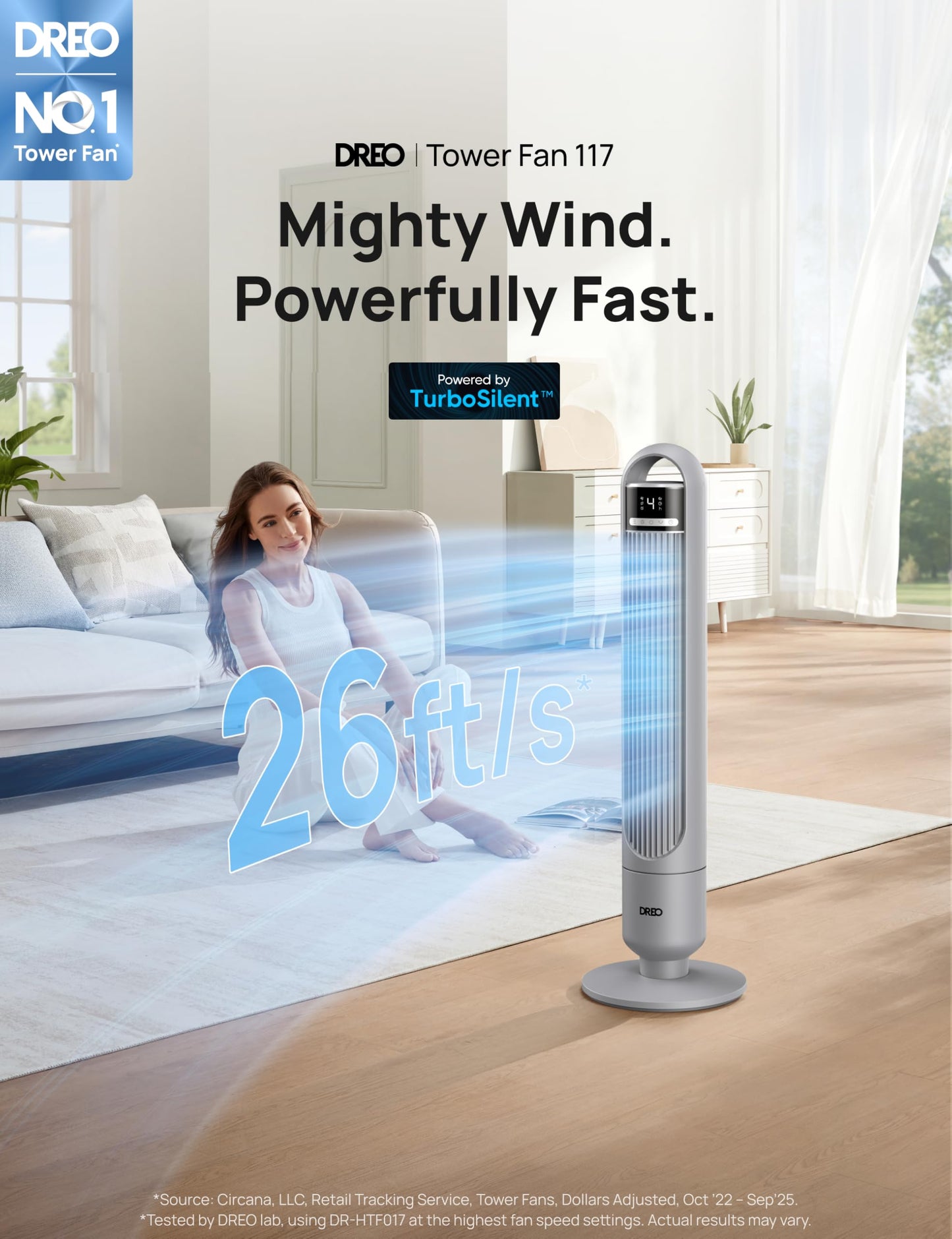 DREO Tower Fan for Bedroom, 26ft/s Velocity, 90° Oscillating, 8H Timer