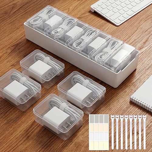 Alouxop 8 Individual Cable Organizer Boxes With Base, Cord Storage Organizer With Labels And Cable Straps For Charging Cables, Adapters, Earphones And