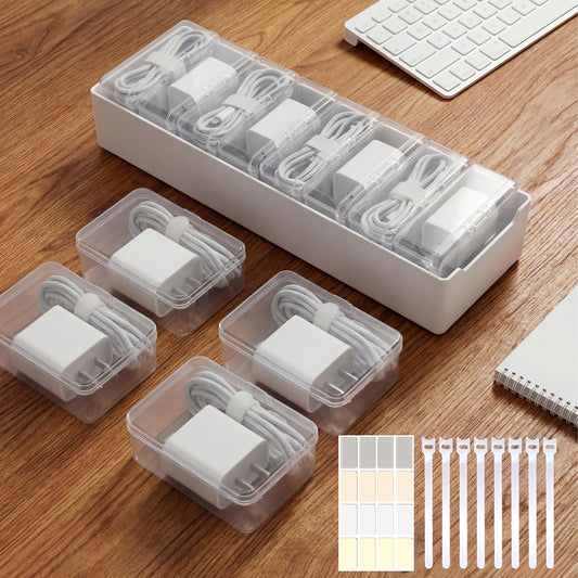 Alouxop 8 Individual Cable Organizer Boxes With Base, Cord Storage Organizer With Labels And Cable Straps For Charging Cables, Adapters, Earphones And