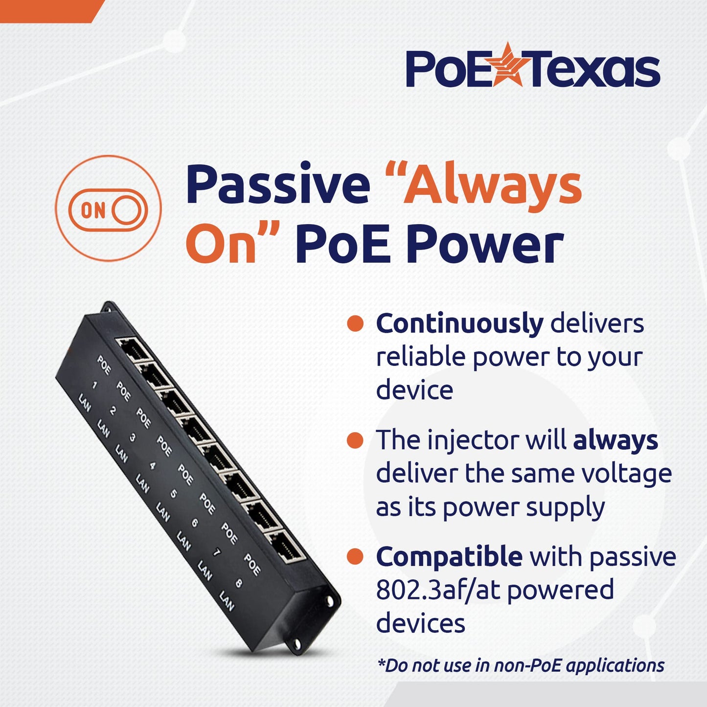 PoE Texas 8 Port Injector - 10/100 Passive Power Over Ethernet With 48V 60W UL Power Supply - 802.3af for VoIP Phones, WiFi Access Points, IP Cameras