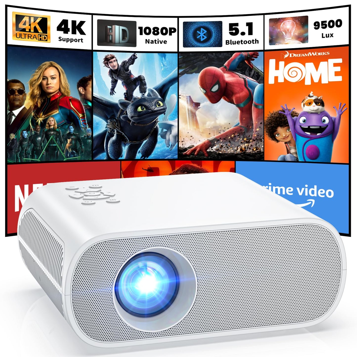 HOMPOW Projector, Native 1080P Full HD Bluetooth Projector with Speaker, 9500 Lumens Outdoor Portable Movie Mini Projector Compatible with Laptop