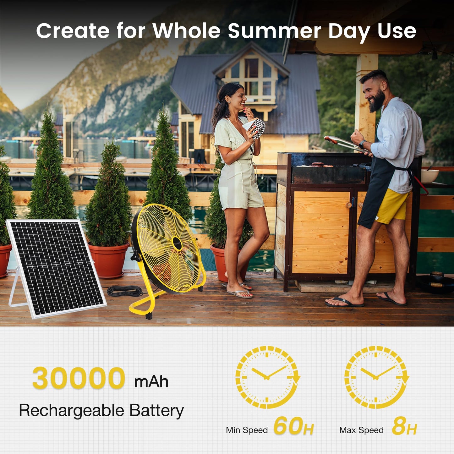 Fanspex 20" Solar Rechargeable Floor Fan for Outdoor Gazebo Greenhouse Barn