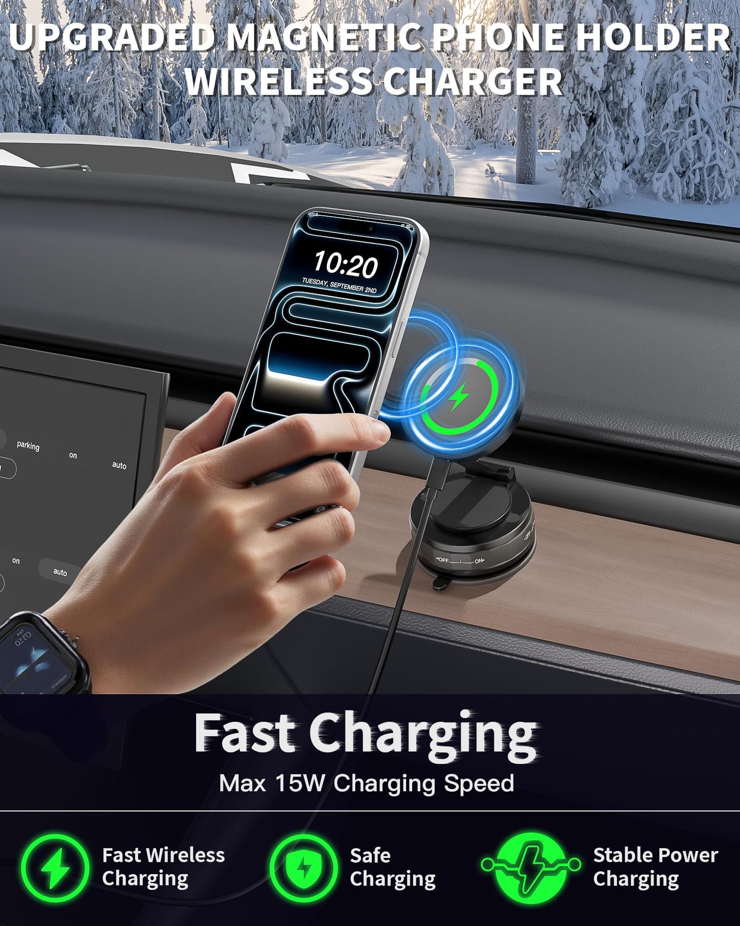 Mag-Safe Car Mount Charger for iPhone, 15W Magnetic Wireless Fast Charging for Car 360° Adjustable Magnetic Phone Holder Compatible with iPhone 17 16