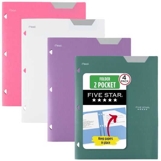 Five Star 2-Pocket Plastic Folder with Stay-Put Tabs, Fits 3-Ring Binder, Holds 8.5" x 11" Paper, Assorted Colors, 4 Pack (333420B)