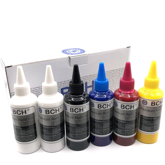 BCH Premium DTF Ink - Direct to Film Heat Transfer Ink - 600ml (Black, Cyan, Magenta, Yellow + 2 White) - Suitable for Use in DTF Printing Machines