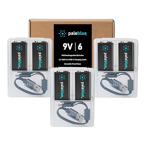 paleblue USB Rechargeable 9V Batteries (6-Pack) - 4500mWh Lithium Ion, 1000+ Charge Cycles, Includes (3) 2-in-1 USB-A to USB-C Charging Cables, LED…