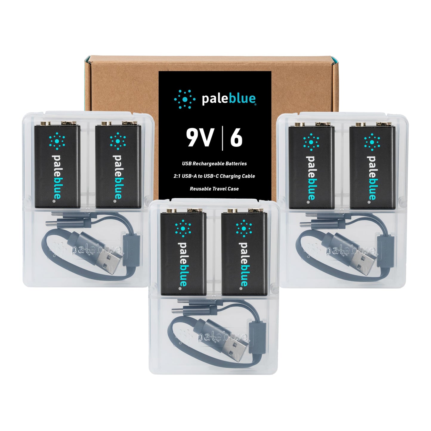 paleblue USB Rechargeable 9V Batteries (6-Pack) - 4500mWh Lithium Ion, 1000+ Charge Cycles, Includes (3) 2-in-1 USB-A to USB-C Charging Cables, LED…