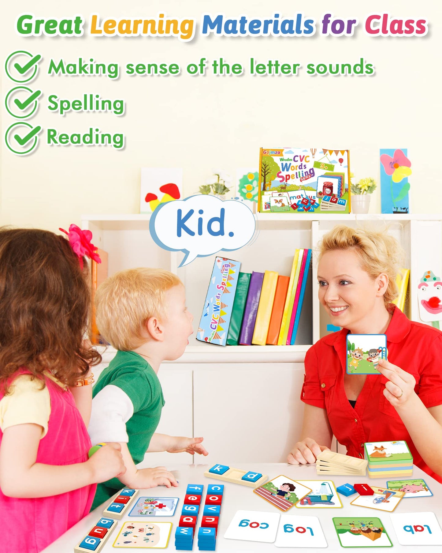 Gojmzo Wooden CVC Word Spelling Games – Montessori Learning Toy with Sight Words Flash Cards, Educational Activity for Kids Ages 3–6