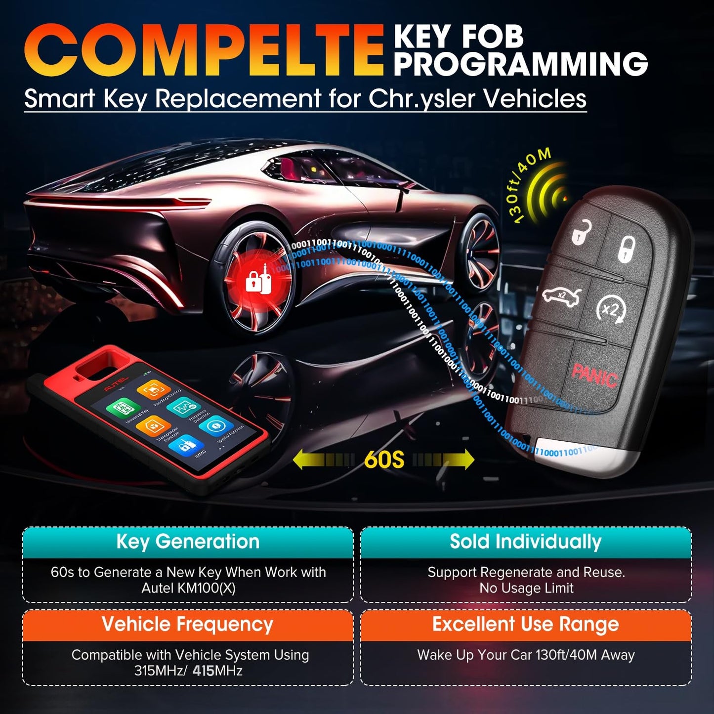 Autel MaxiIM IKEY Programmable Blank Key for Chrysler Dodge, 2026 IKEYCL005AL 5 Buttons Key Fob Replacement, 130FT/ 40M Smart Keyless Entry Remote