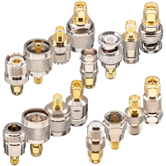 YOTENKO 16-Piece SMA Adapter Kit: SMA to BNC, N, F, UHF (PL259/SO239) Coaxial Connectors, Gold-Plated Brass RF Adapter Set for RTL-SDR Dongles, Ham