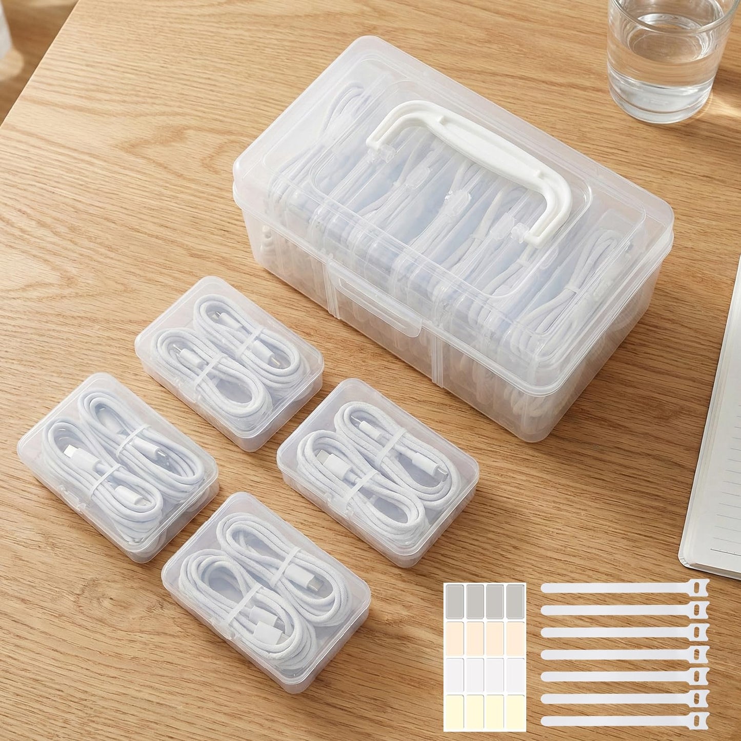 Portable Cord Organizer Box with Handle, 7 Clear Cable Storage Cases and Labels, Travel Cable Holder for Charging Cords, USB Wires, Earphones - Home